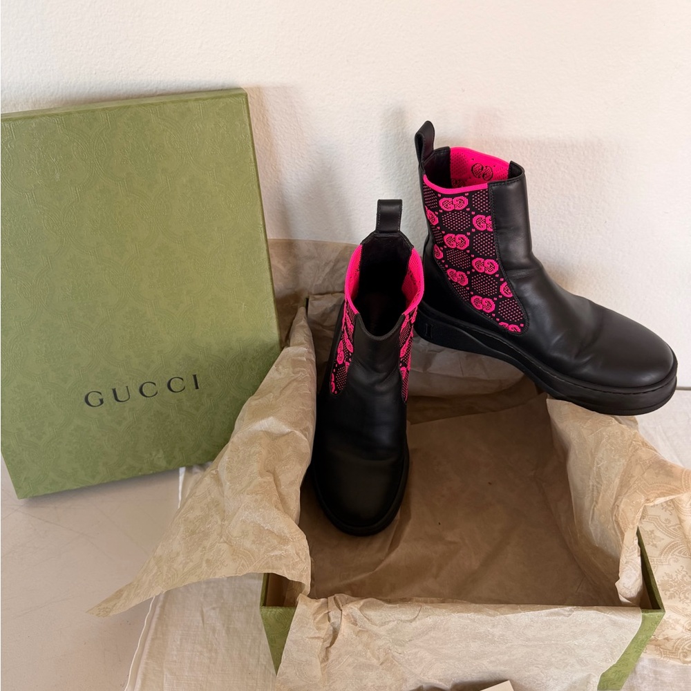Gucci Black Leather Ankle Boots with Hot Pink Knit Panels